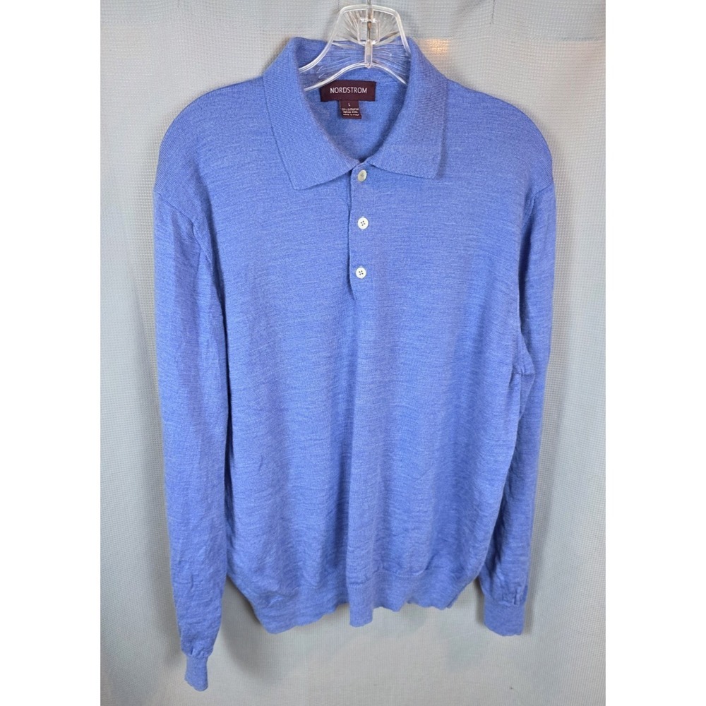 Nordstrom Mens Lg Polo Sweater Blue 100% Fine Merino Wool Pullover Cozy Classic